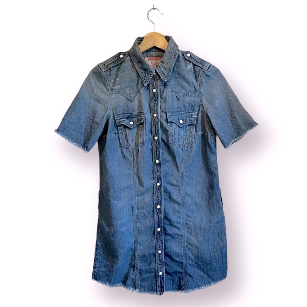 True Religion Western 100% Cotton Denim Mini Shirt Dress Size S